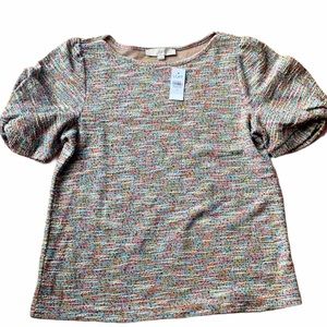COPY - Loft multicolor tweed look puff sleeve top